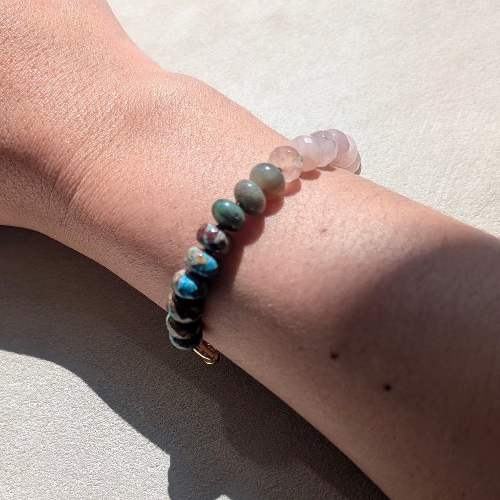 Crazy Lace Agate, Indian Agate & Madagascar Rose Quartz Crystal Talisman Bracelet - "Mountain Dawn" | 18K Gold Filled