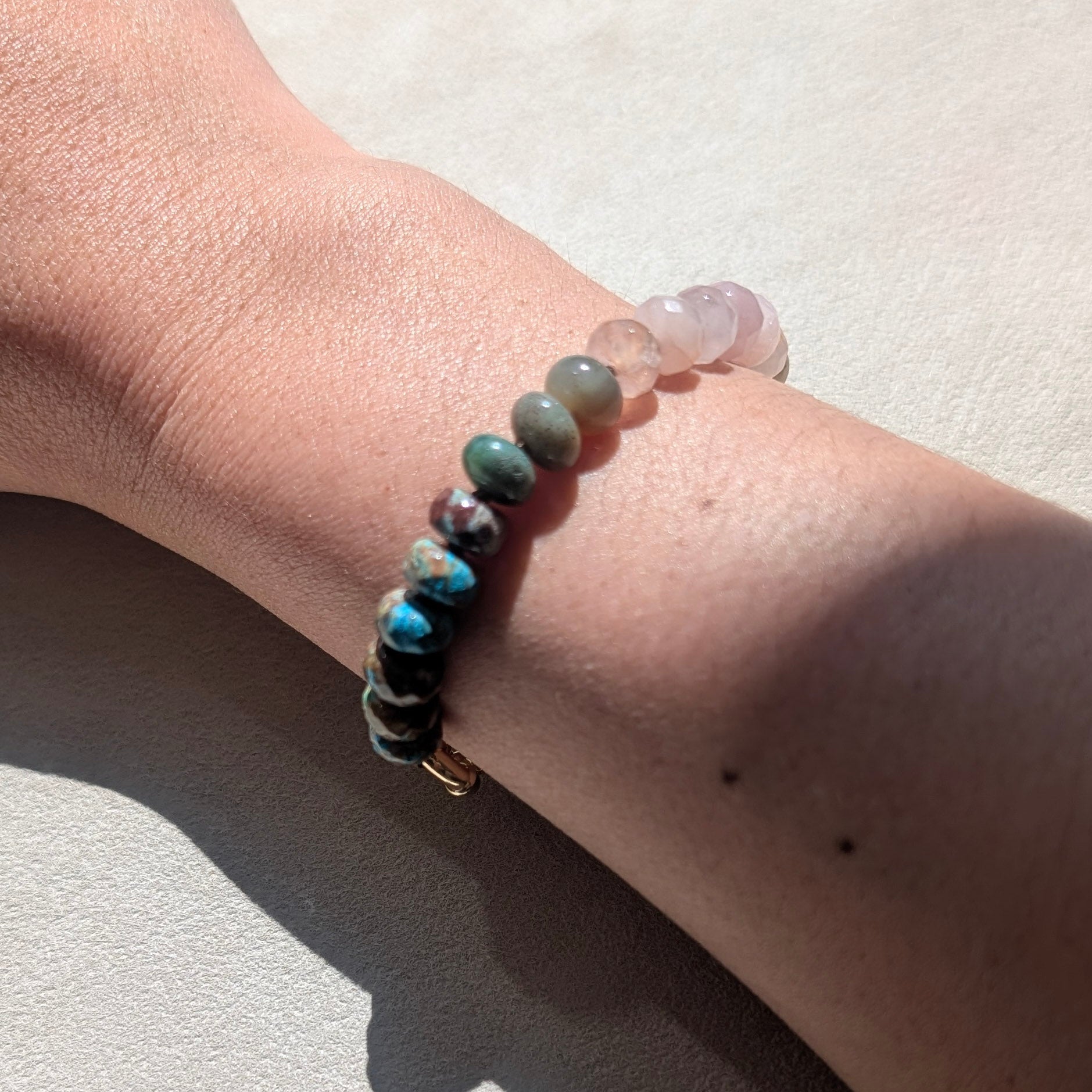 Crazy Lace Agate, Indian Agate & Madagascar Rose Quartz Crystal Talisman Bracelet - "Mountain Dawn" | 18K Gold Filled