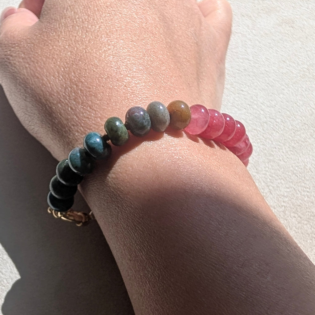 Indian Agate, Jade & Moss Agate Crystal Talisman Bracelet - "Juicy Watermelon" | 18K Gold Filled