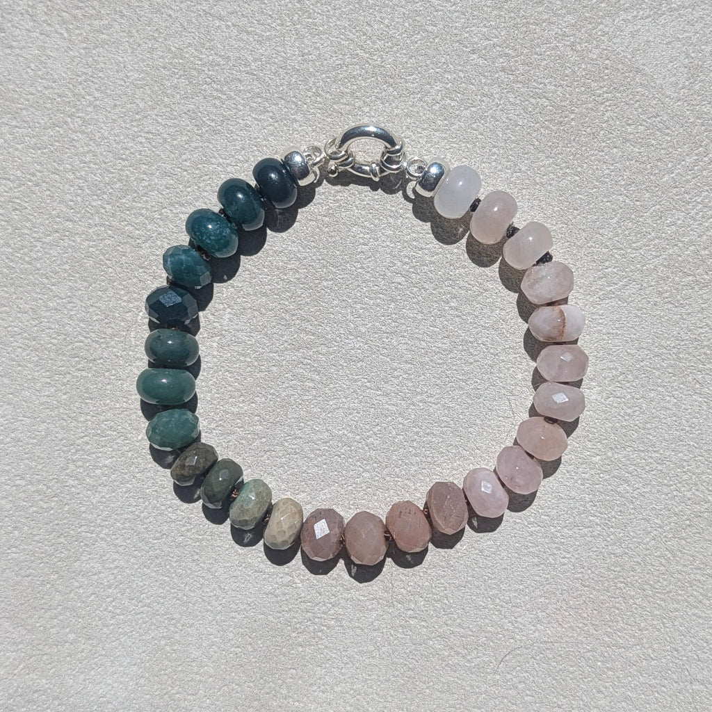 Indian Agate, Peach Moonstone & Madagascar Rose Quartz Crystal Talisman Bracelet - "Mountain Dusk" | Sterling Silver