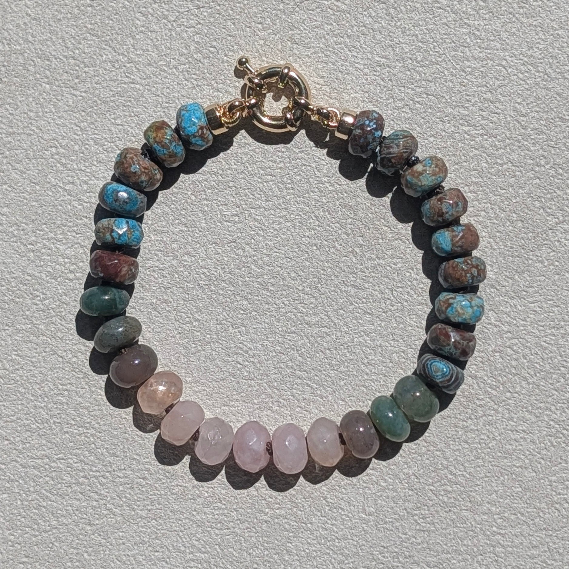 Crazy Lace Agate, Indian Agate & Madagascar Rose Quartz Crystal Talisman Bracelet - "Mountain Dawn" | 18K Gold Filled