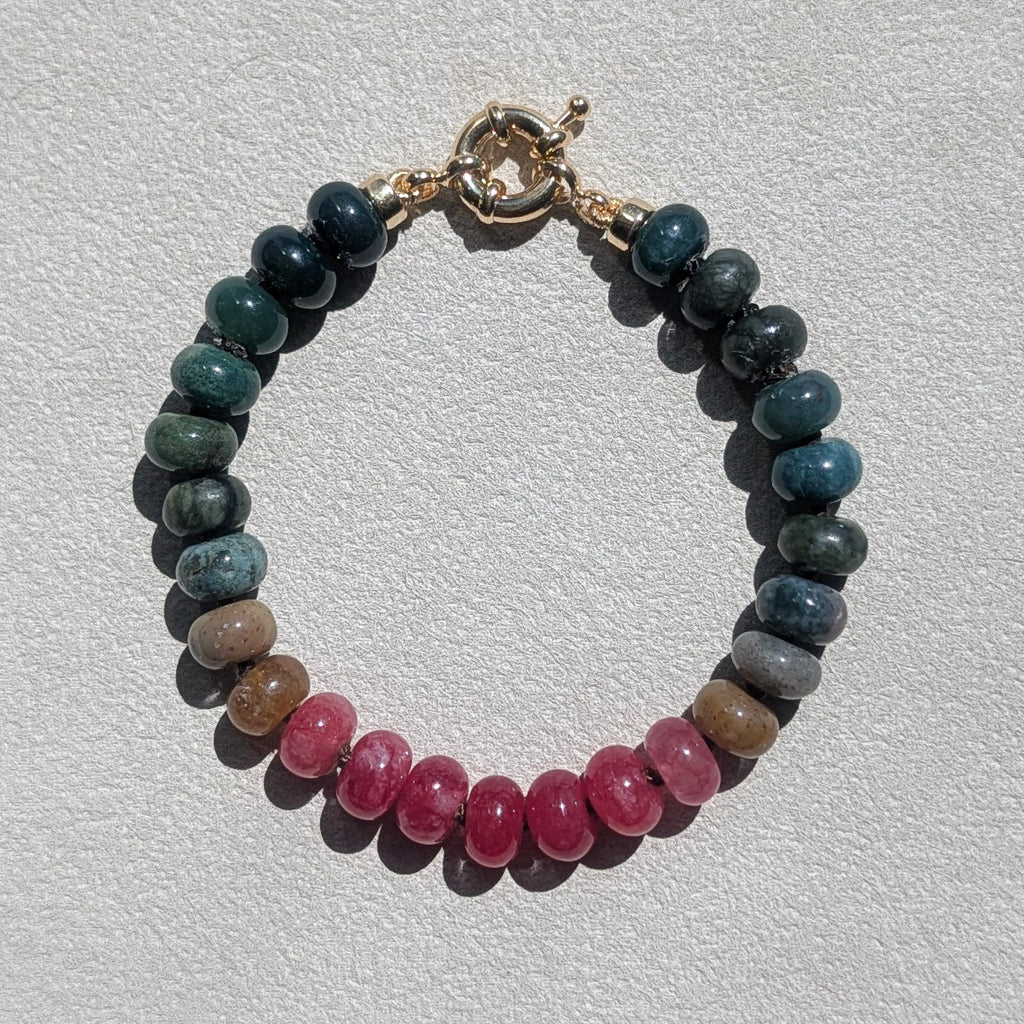 Indian Agate, Jade & Moss Agate Crystal Talisman Bracelet - "Juicy Watermelon" | 18K Gold Filled