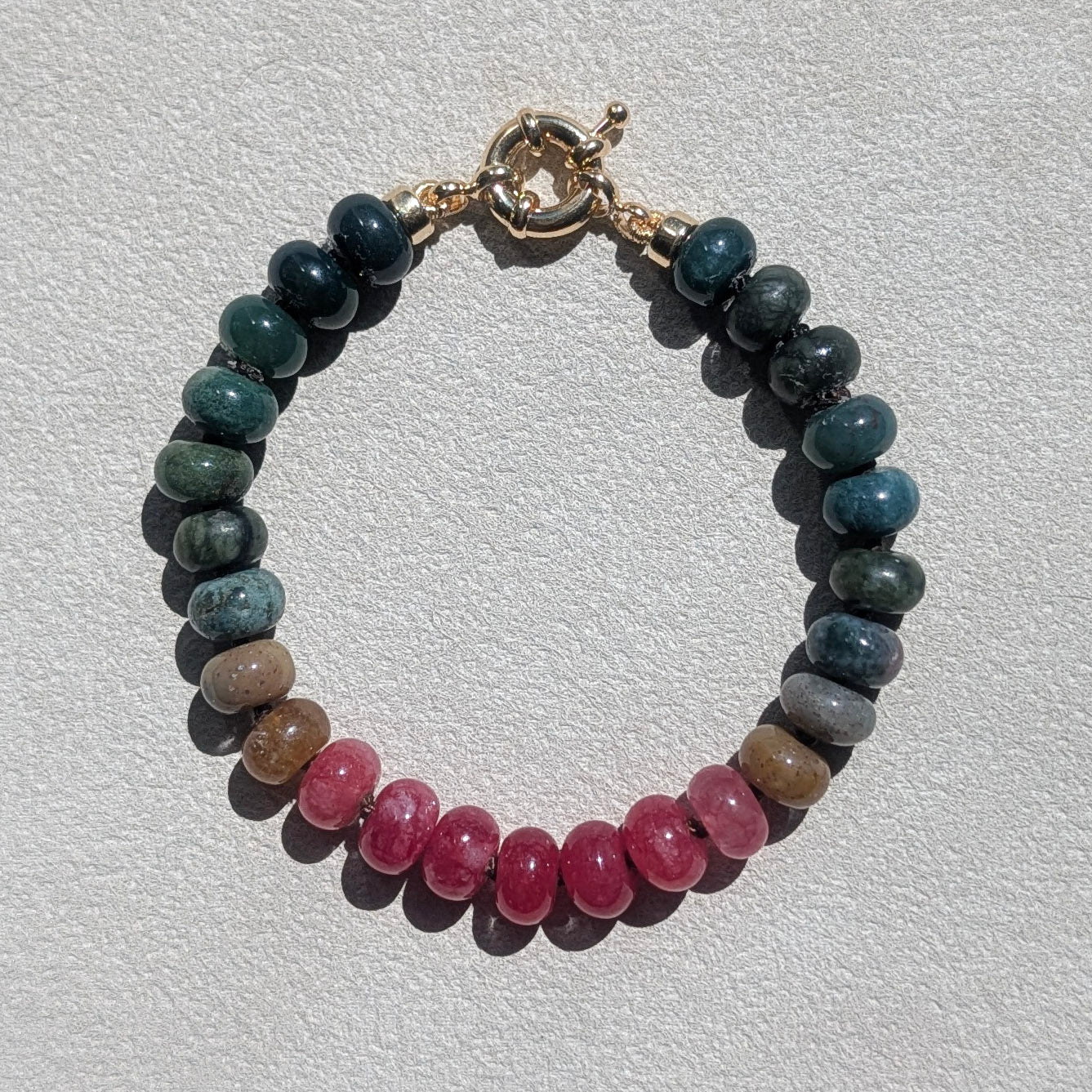 Indian Agate, Jade & Moss Agate Crystal Talisman Bracelet - "Juicy Watermelon" | 18K Gold Filled