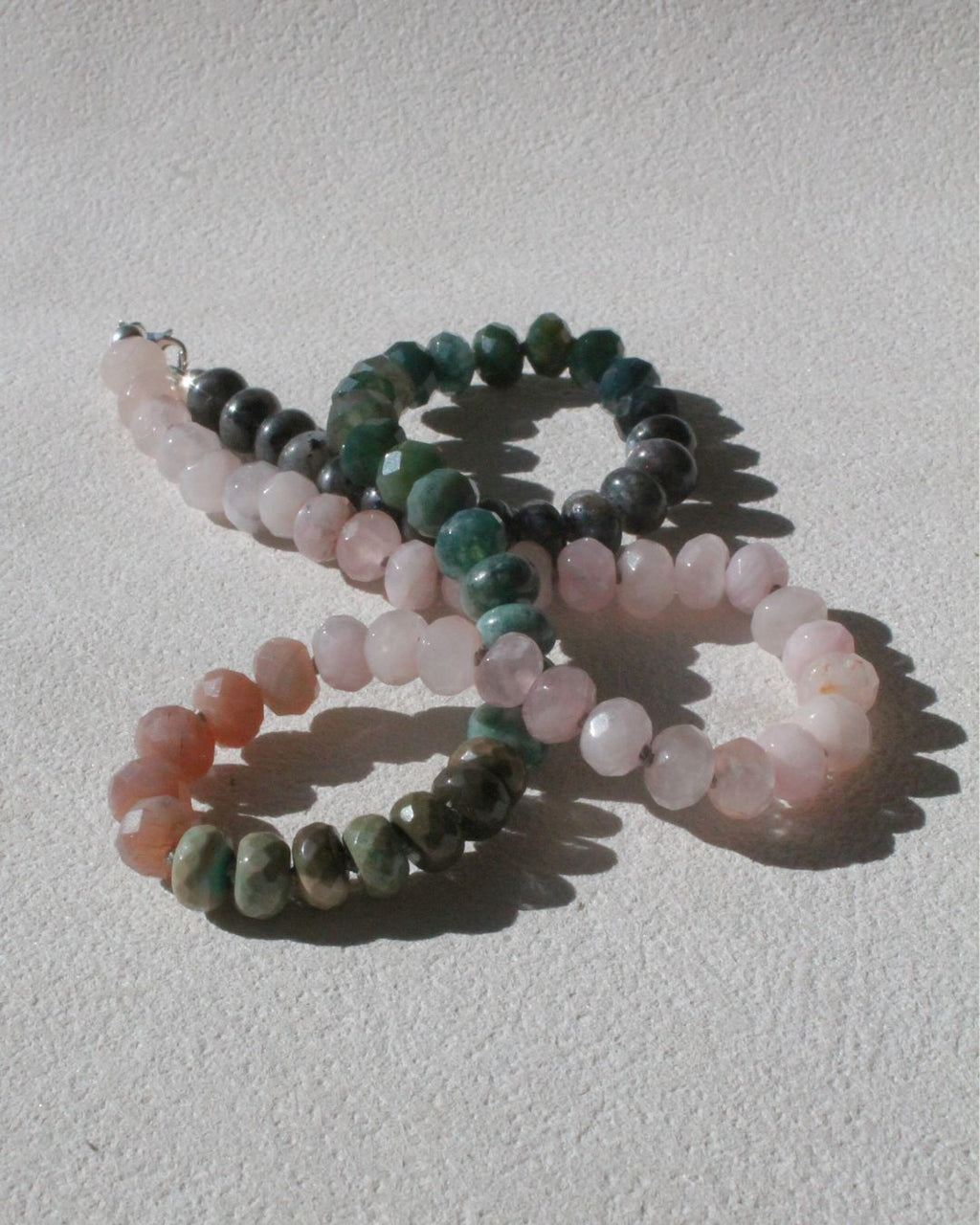 Hand-Knotted Gemstone Necklace - Moss Agate & Peach Moonstone & Rose Quartz - Artisan Jewelry with Sterling Silver
