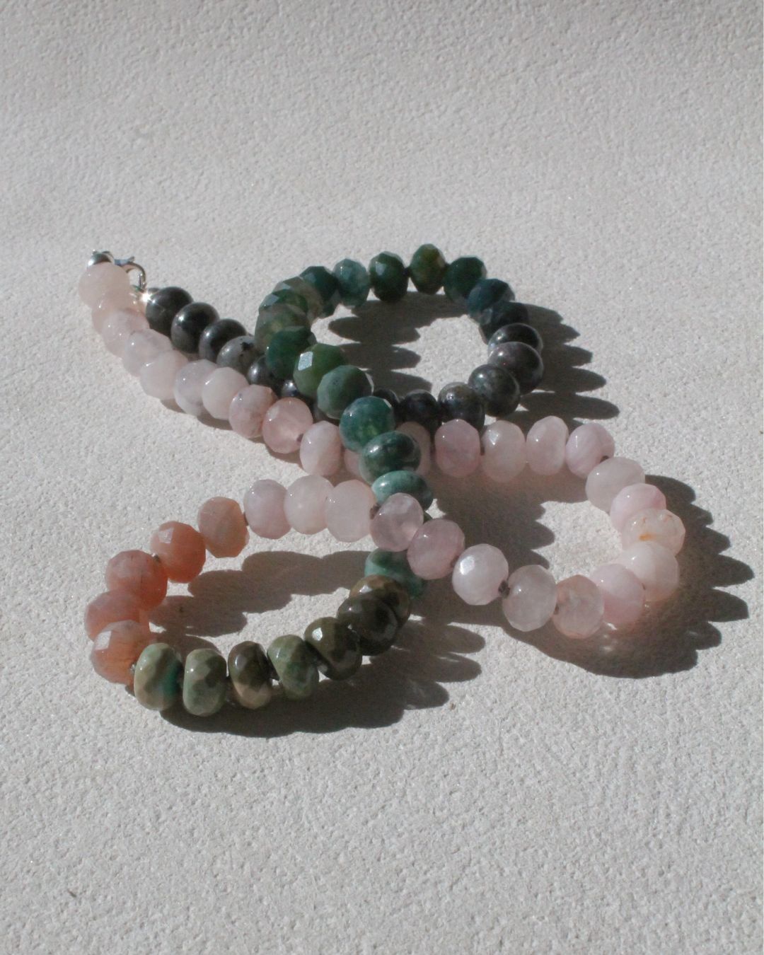 Hand-Knotted Gemstone Necklace - Moss Agate & Peach Moonstone & Rose Quartz - Artisan Jewelry with Sterling Silver