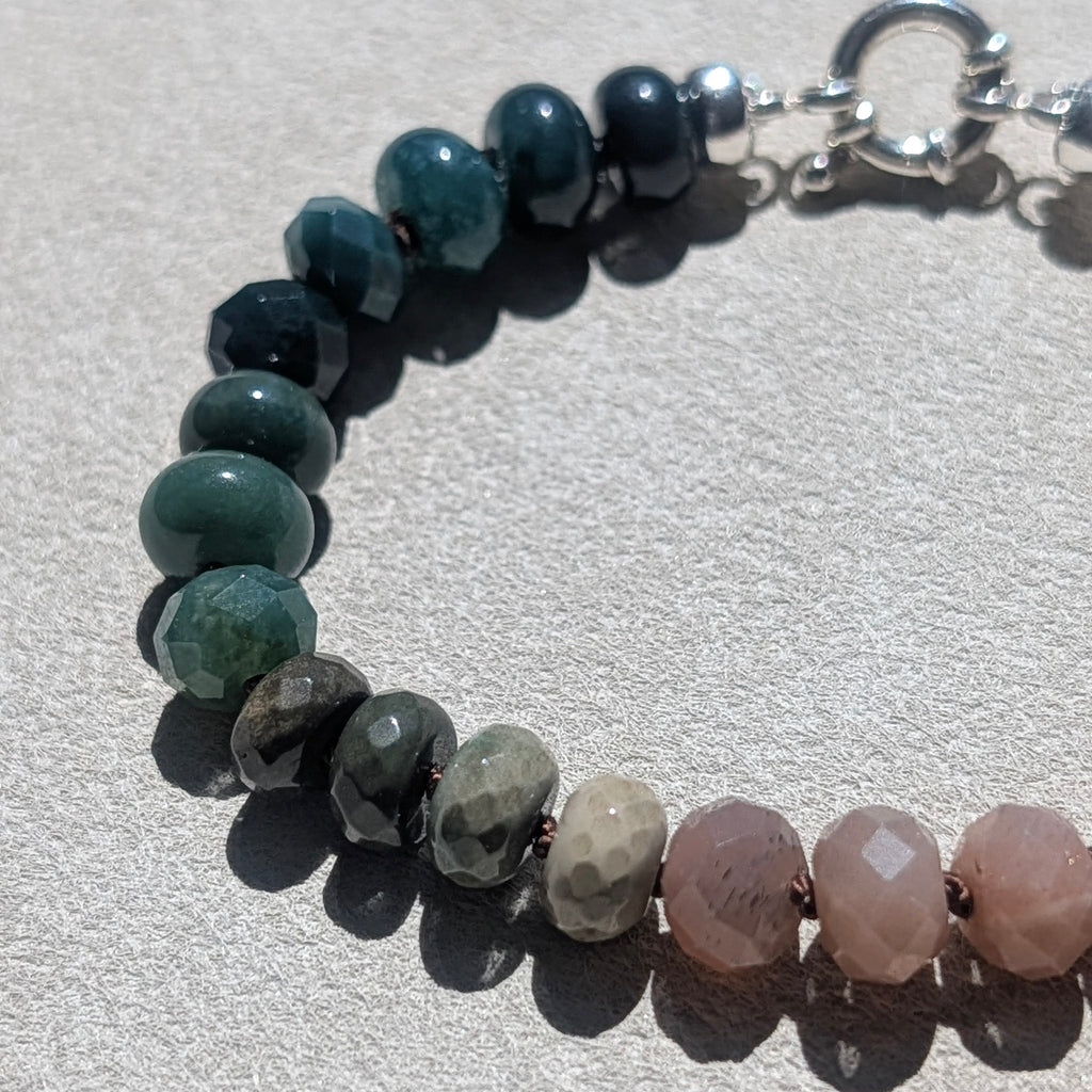 Indian Agate, Peach Moonstone & Madagascar Rose Quartz Crystal Talisman Bracelet - "Mountain Dusk" | Sterling Silver