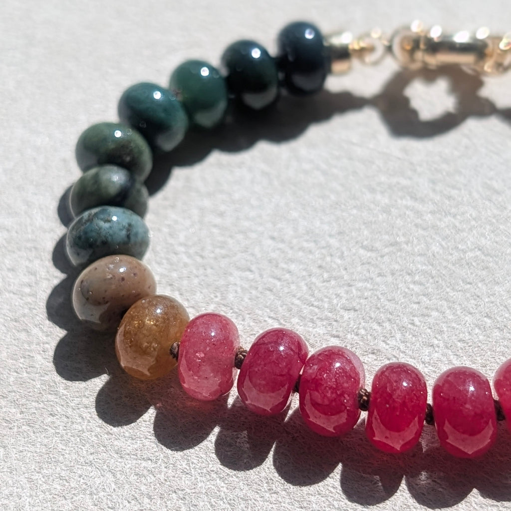Indian Agate, Jade & Moss Agate Crystal Talisman Bracelet - "Juicy Watermelon" | 18K Gold Filled
