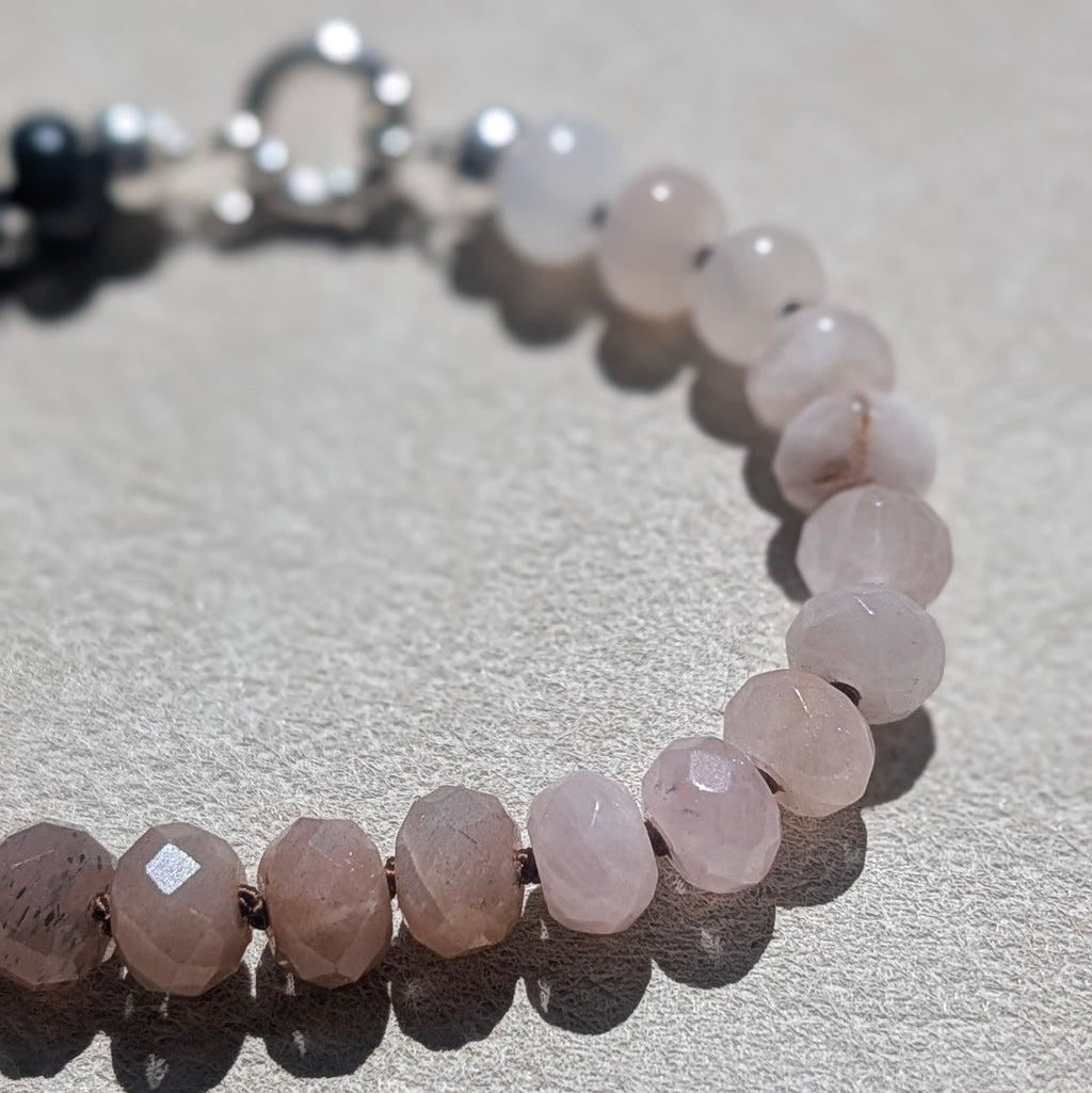 Indian Agate, Peach Moonstone & Madagascar Rose Quartz Crystal Talisman Bracelet - "Mountain Dusk" | Sterling Silver