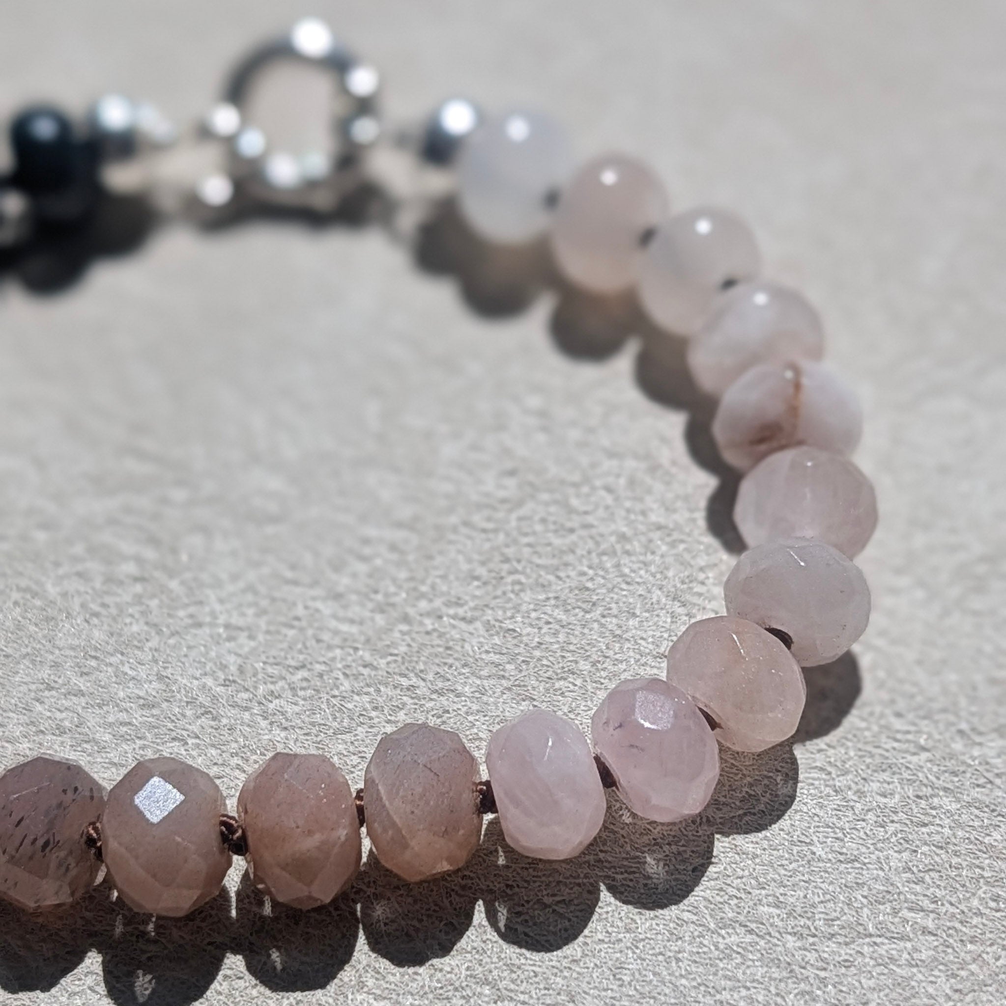 Indian Agate, Peach Moonstone & Madagascar Rose Quartz Crystal Talisman Bracelet - "Mountain Dusk" | Sterling Silver