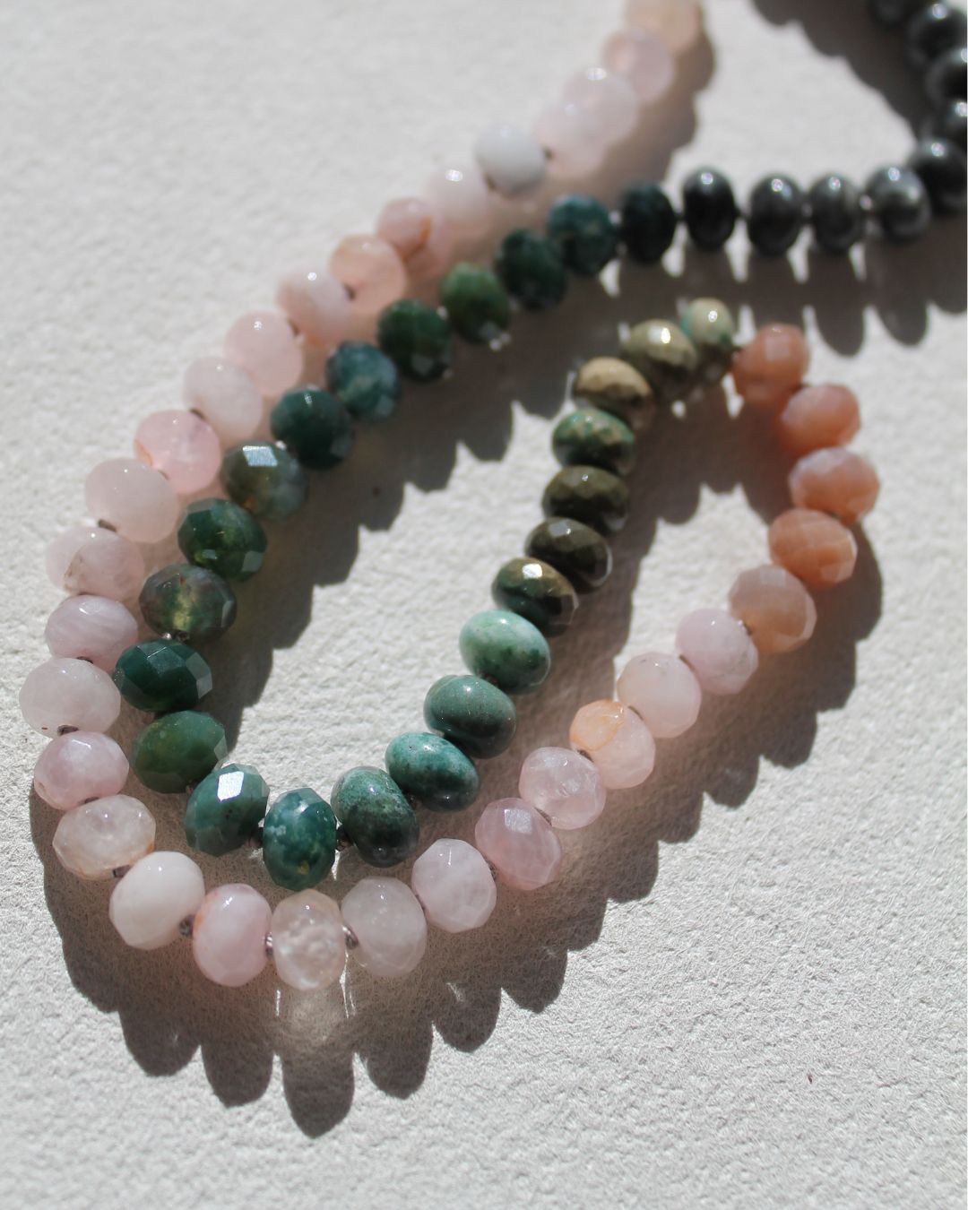 Hand-Knotted Gemstone Necklace - Moss Agate & Peach Moonstone & Rose Quartz - Artisan Jewelry with Sterling Silver