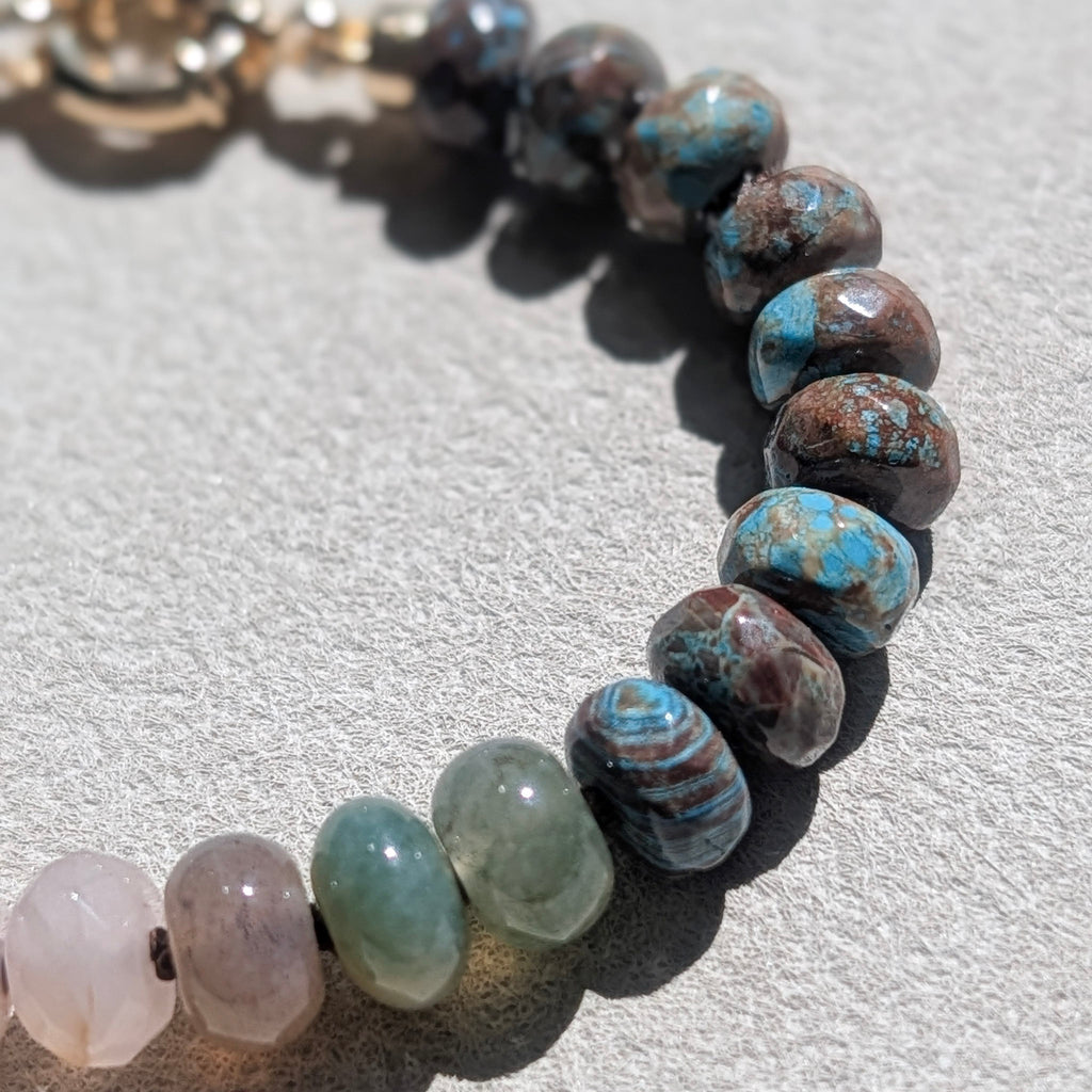 Crazy Lace Agate, Indian Agate & Madagascar Rose Quartz Crystal Talisman Bracelet - "Mountain Dawn" | 18K Gold Filled