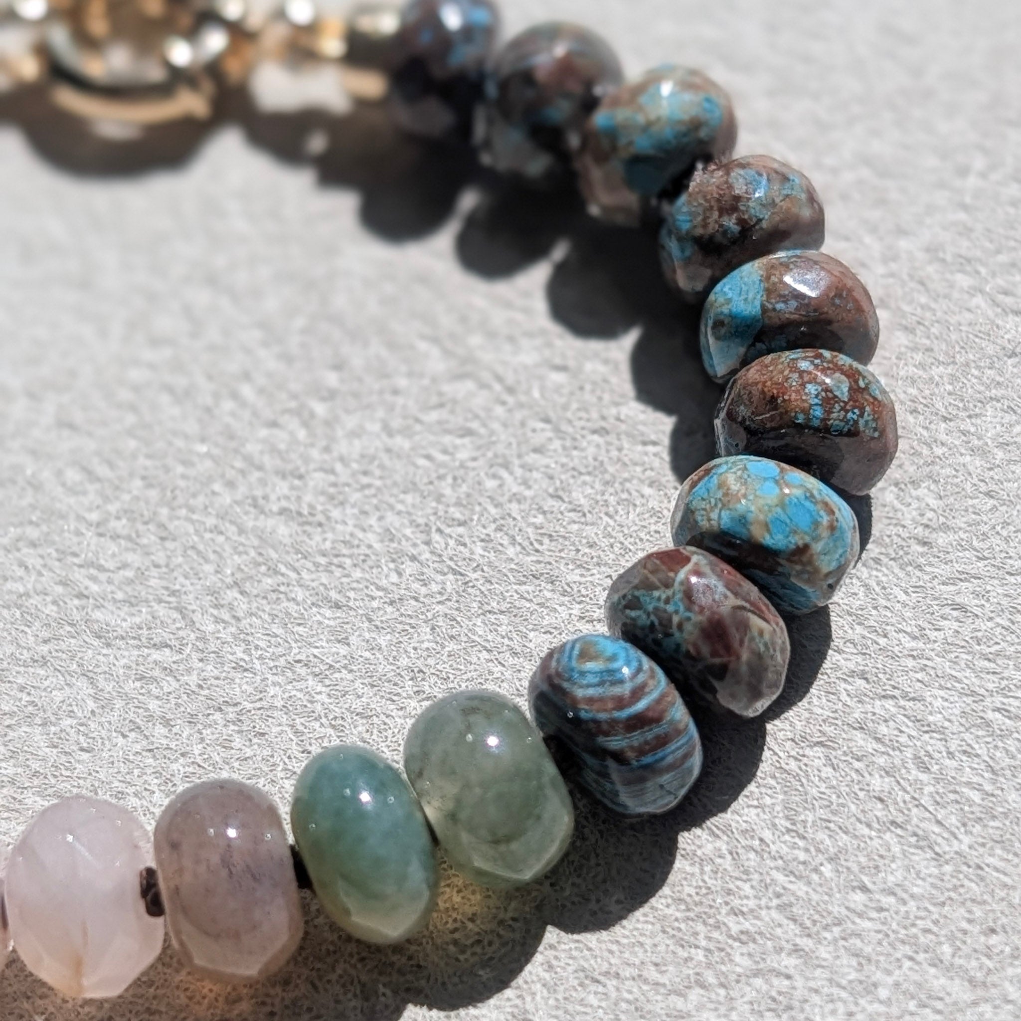 Crazy Lace Agate, Indian Agate & Madagascar Rose Quartz Crystal Talisman Bracelet - "Mountain Dawn" | 18K Gold Filled