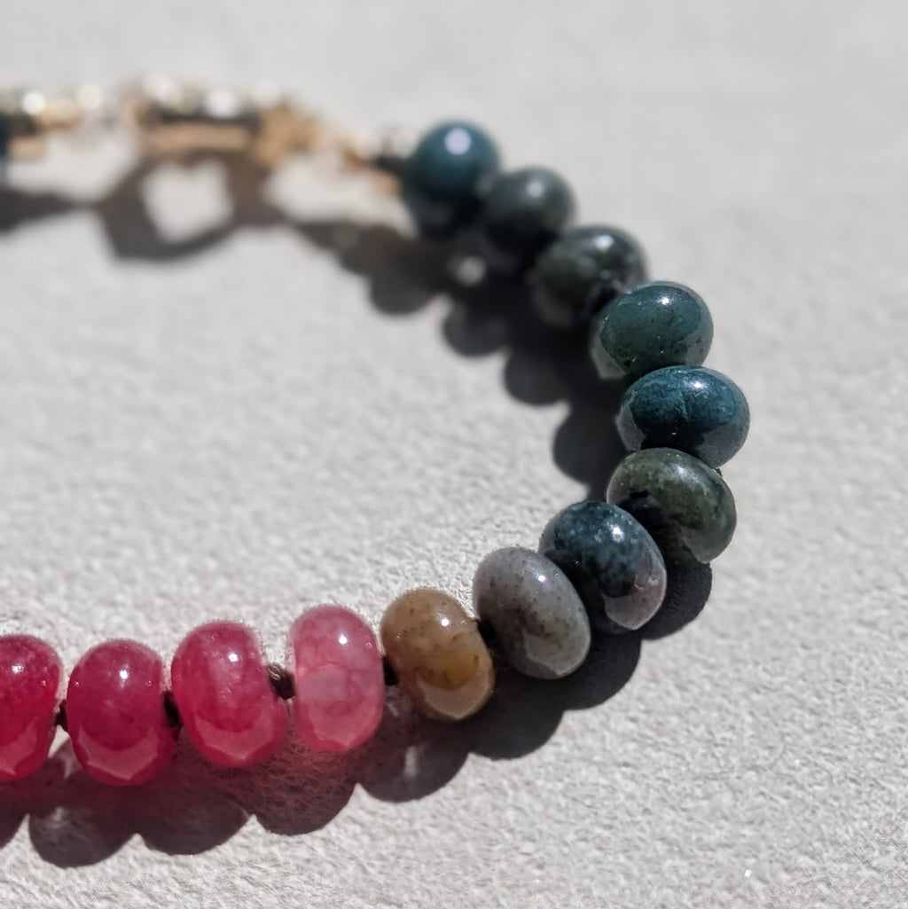 Indian Agate, Jade & Moss Agate Crystal Talisman Bracelet - "Juicy Watermelon" | 18K Gold Filled
