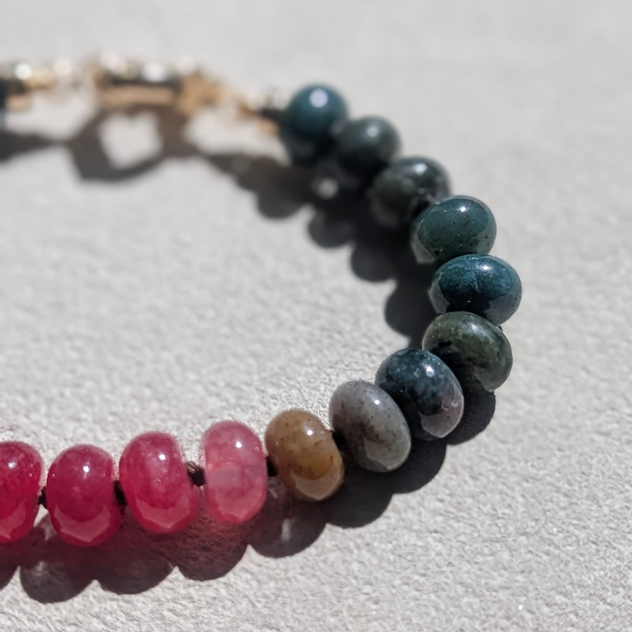 Indian Agate, Jade & Moss Agate Crystal Talisman Bracelet - "Juicy Watermelon" | 18K Gold Filled