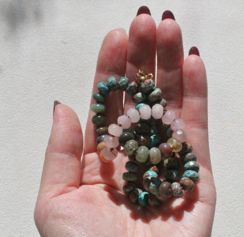 Hand-Knotted Gemstone Necklace - Moss Agate & Peach Moonstone & Rose Quartz - Artisan Jewelry with Sterling Silver