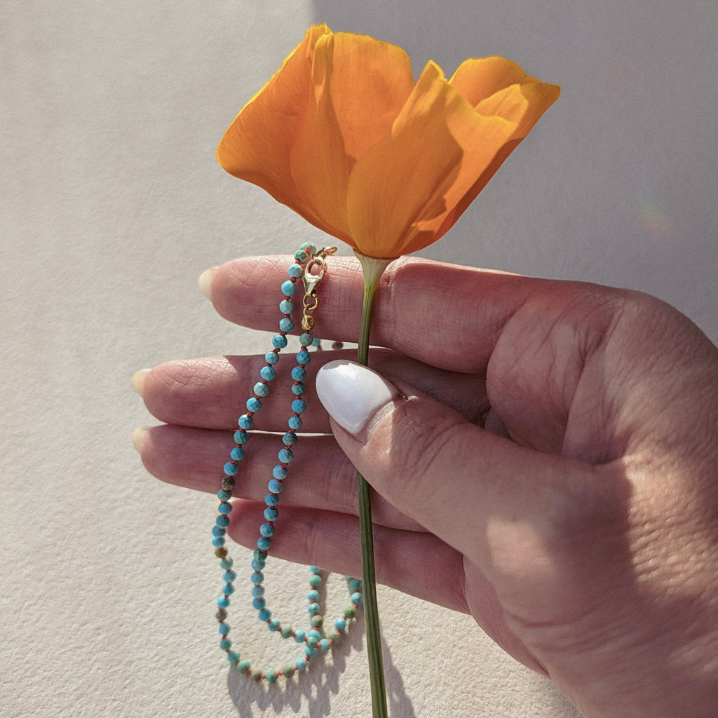 Blue Turquoise & Coral Silk Minimalist Talisman Necklace | 14K Gold Filled