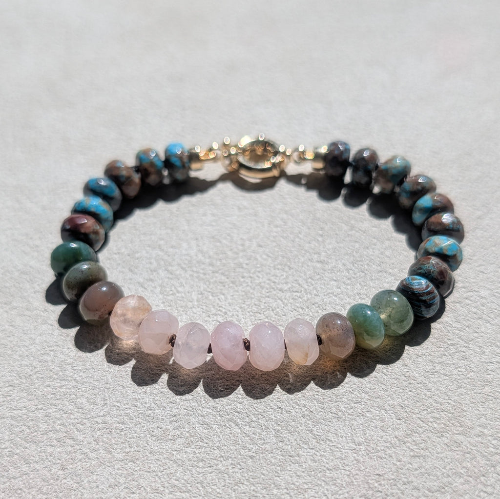 Crazy Lace Agate, Indian Agate & Madagascar Rose Quartz Crystal Talisman Bracelet - "Mountain Dawn" | 18K Gold Filled