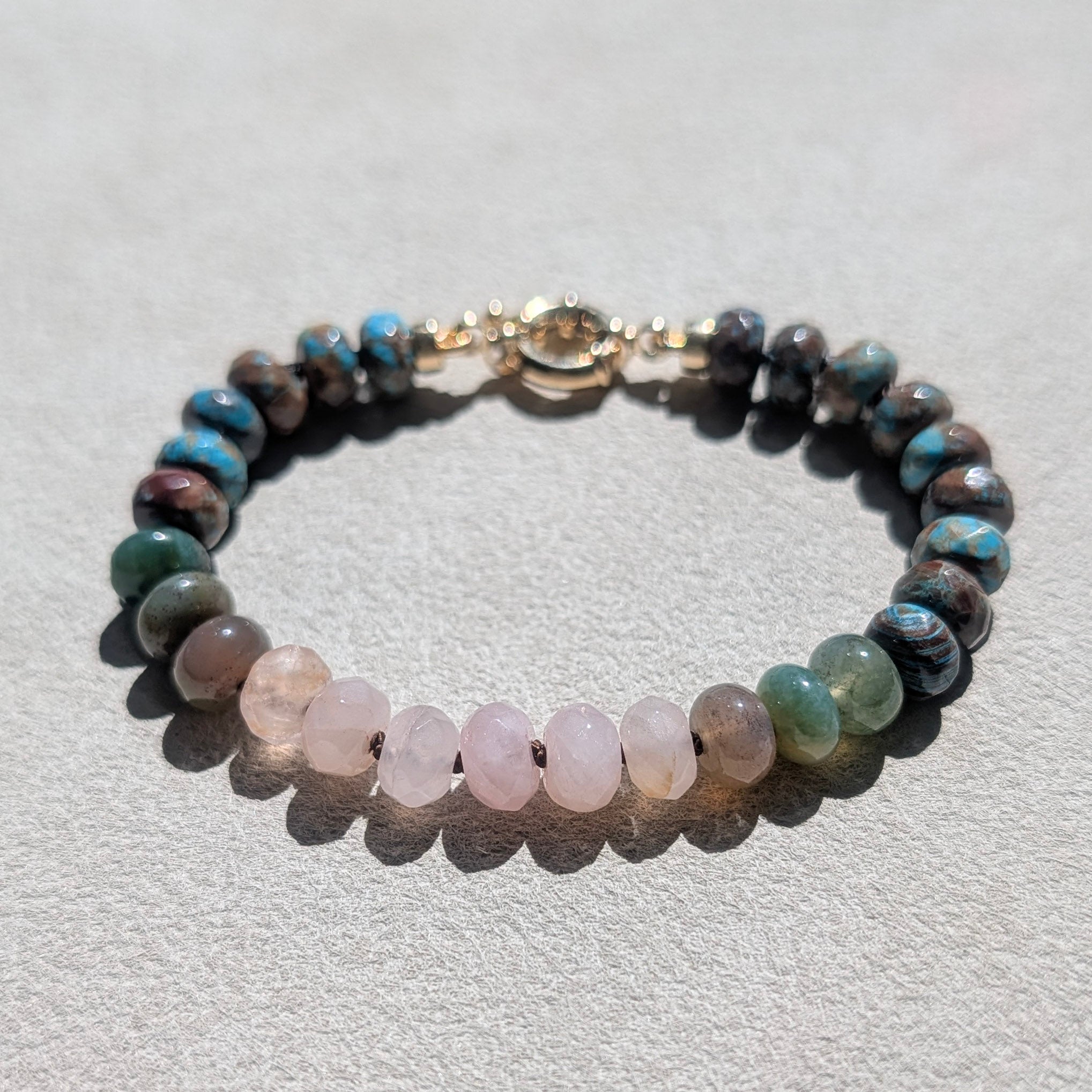 Crazy Lace Agate, Indian Agate & Madagascar Rose Quartz Crystal Talisman Bracelet - "Mountain Dawn" | 18K Gold Filled