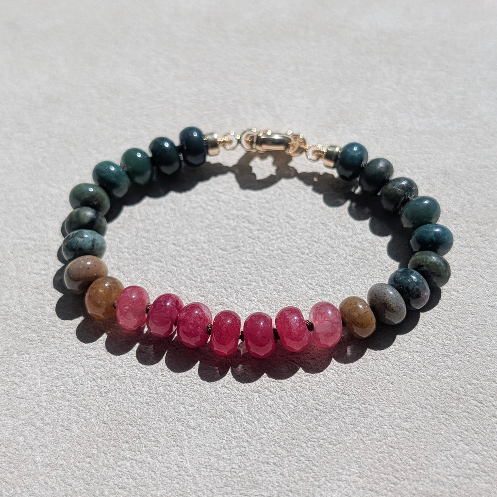 Indian Agate, Jade & Moss Agate Crystal Talisman Bracelet - "Juicy Watermelon" | 18K Gold Filled
