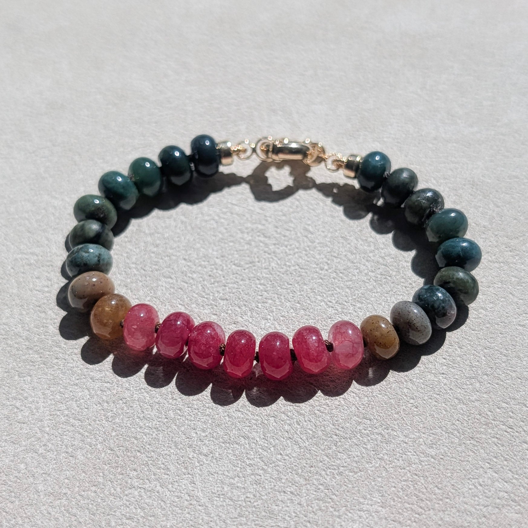 Indian Agate, Jade & Moss Agate Crystal Talisman Bracelet - "Juicy Watermelon" | 18K Gold Filled