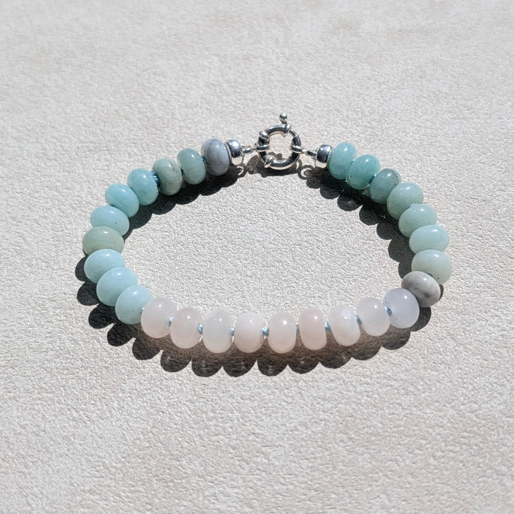 Amazonite & Pink Aventurine Crystal Talisman Bracelet - "Dreamy Cloudscape" | Sterling Silver