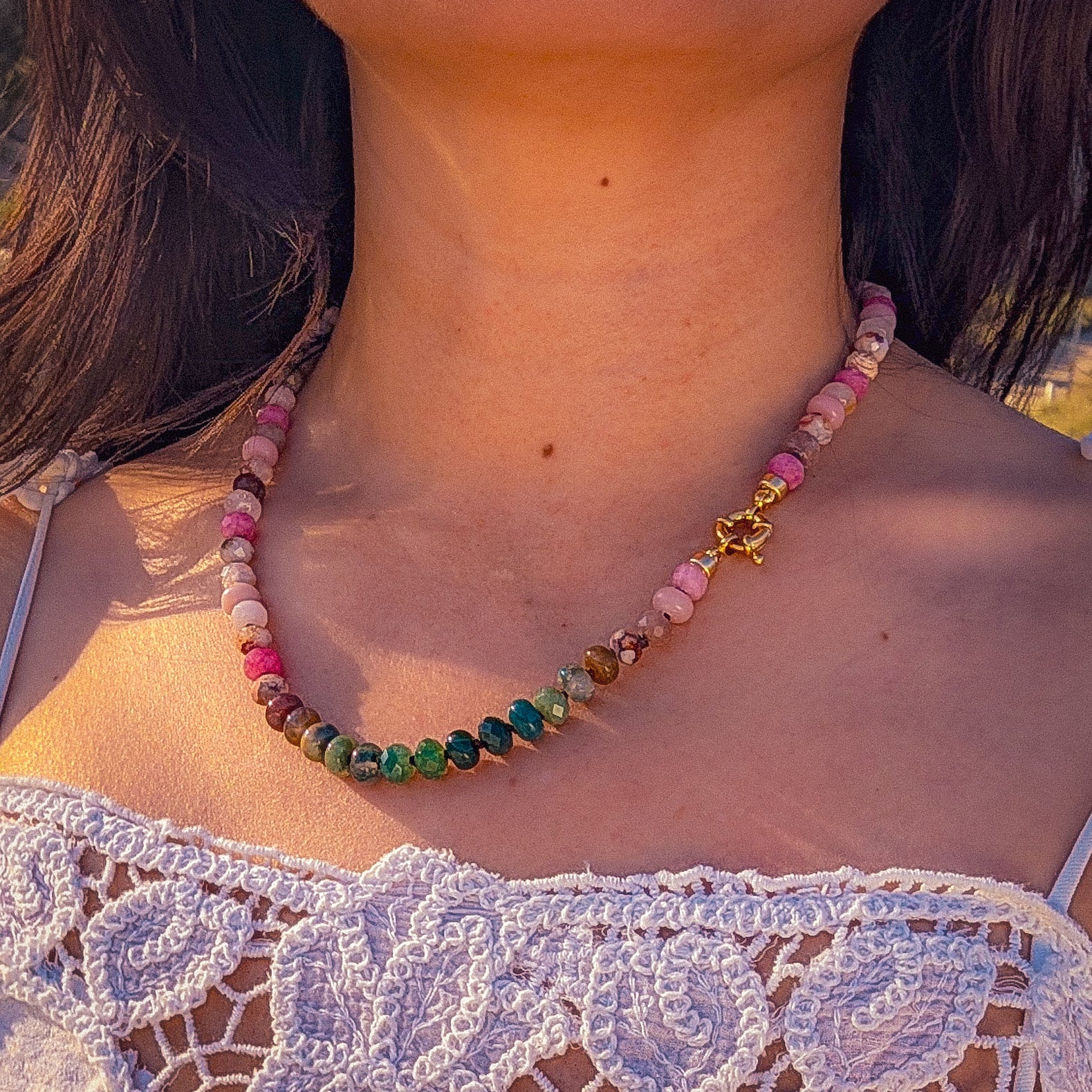 Cherry Agate, Peach Moonstone, Madagascar Rose Quartz, Multi Gemstone Necklace | 18k Gold Filled